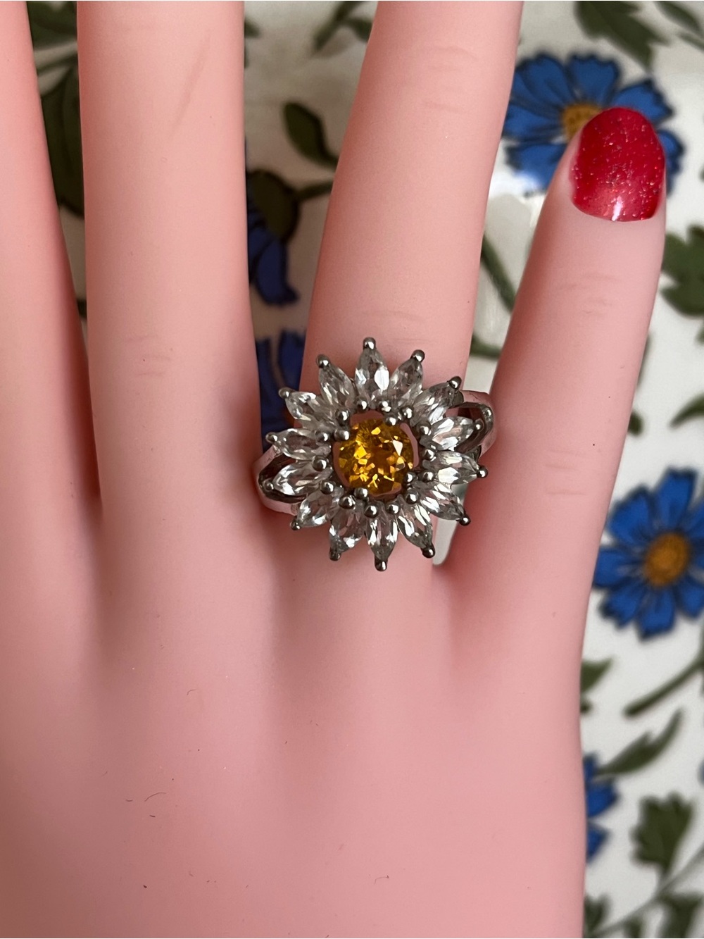 Elegant Flower Halo Ring with Citrine Center - Zircon Crystal Accent Size 8